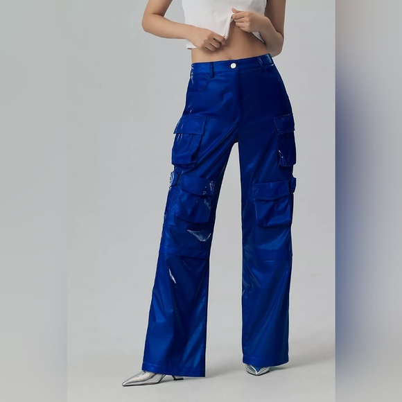 💖💖 NWT Anthro Women's Metallic Colbalt Blue Cargo Pants Size 14 - Picture 2 of 8